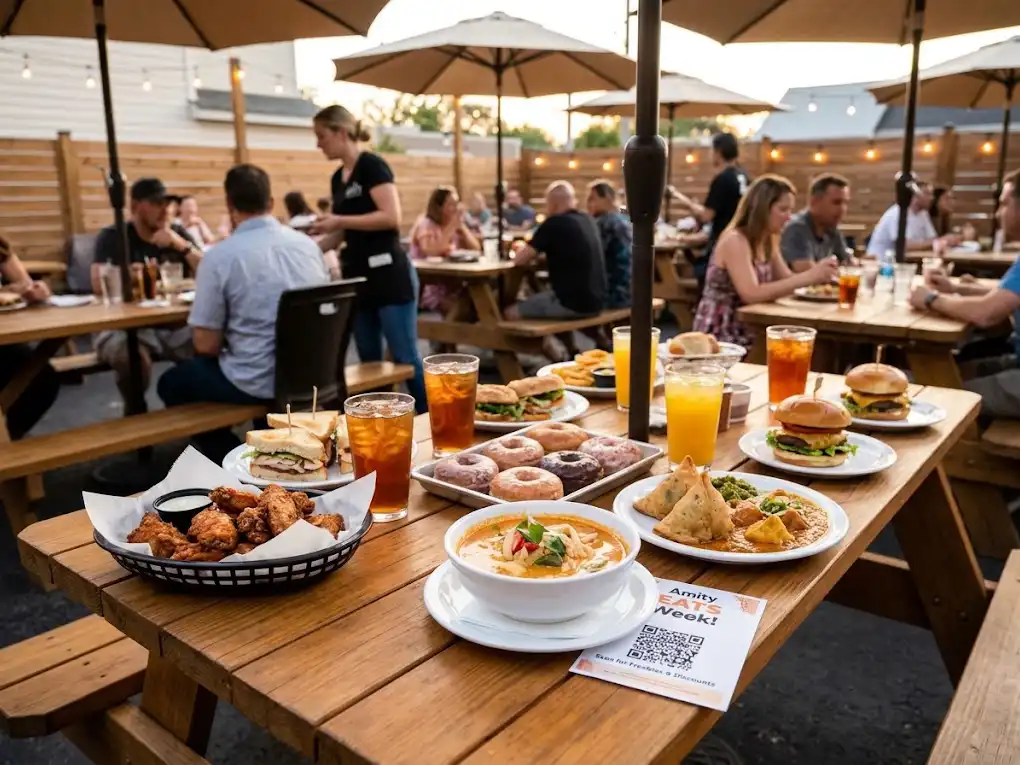 Outdoor restaurant patio table filled with assorted dishes, drinks, donuts, and wings during Amity EATS Week with patrons dining in the background.