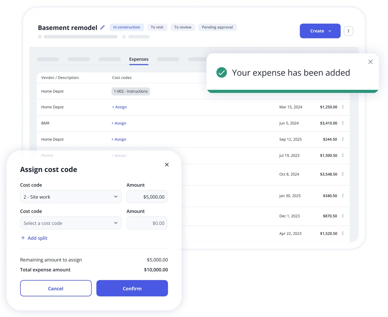 Expenses table and categorization view