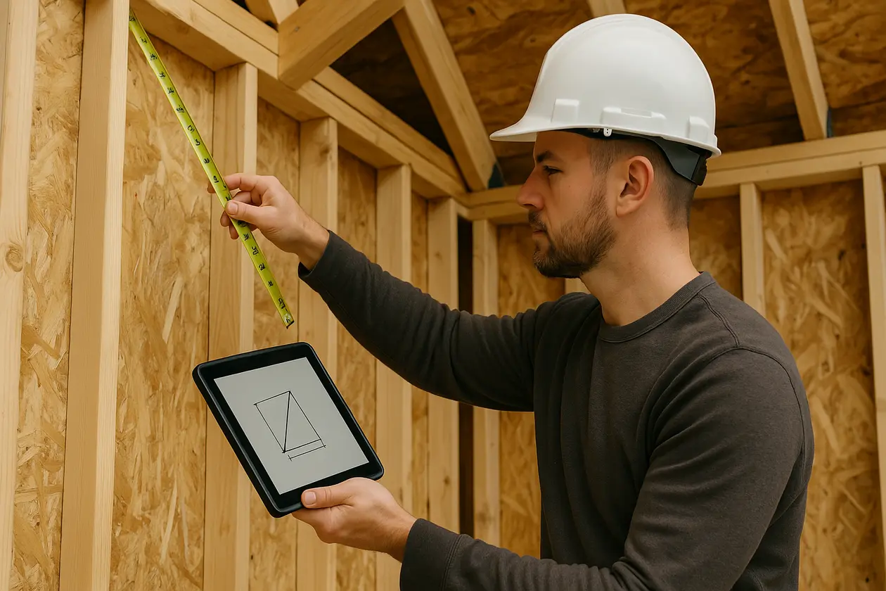 A roofing contractor measuring the run of a pitch with his measurement tape.