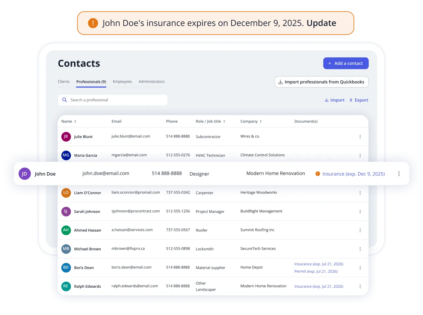 Screenshot of professional contacts management