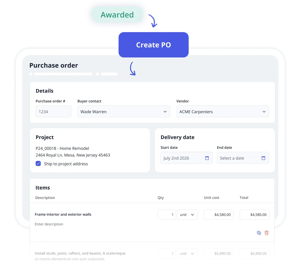 Screenshot of a bid automatically converted into a purchase order