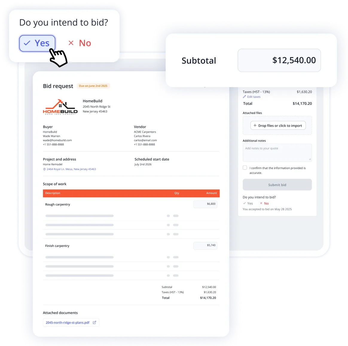 Screenshot of a bid where the subcontractor can accept or decline in one click