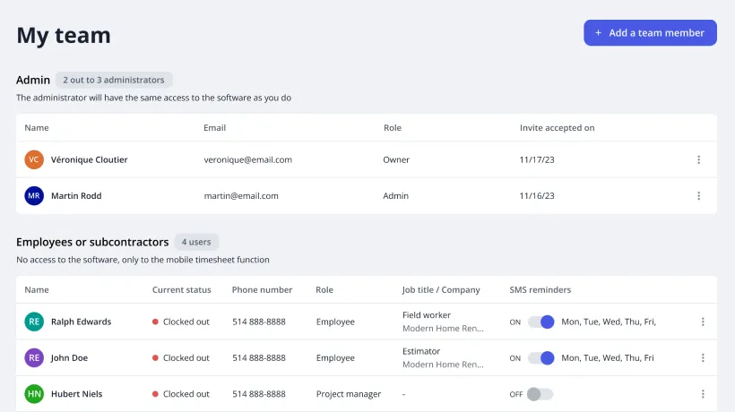 Team members page screenshot