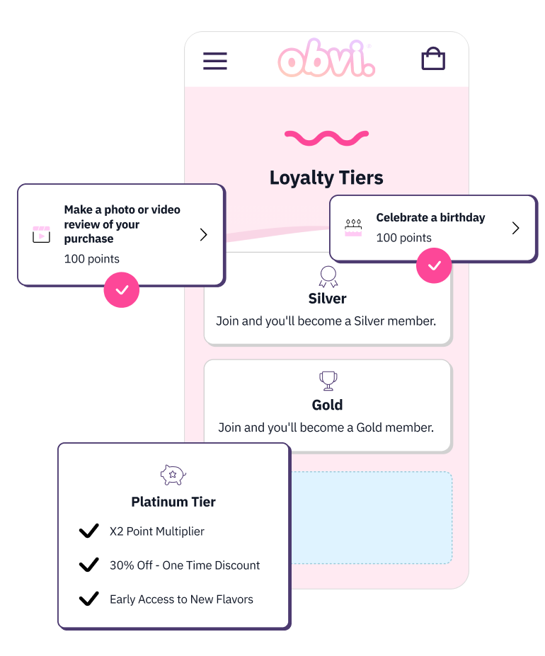 A pink themed phone screen for showing the loyalty tiers page for Obvi. Small boxes in front showing ways to earn points and move up the tiers.