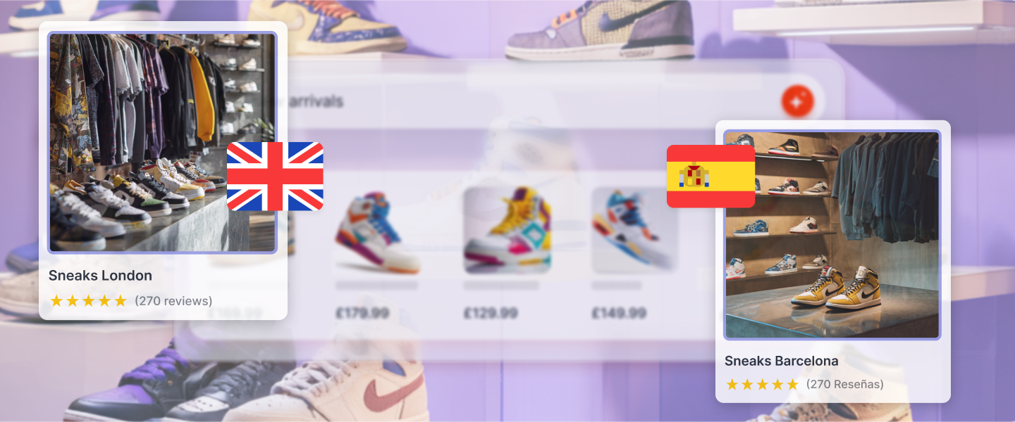 A purple themed background showing different colourful trainers. On the left, a London shop with the UK flag and on the right, a shop in Barcelona with a Spanish flag.