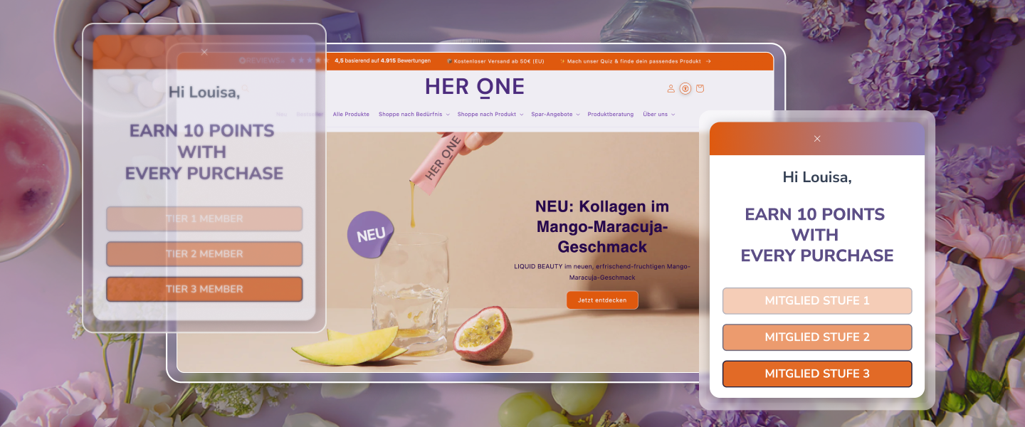 A purple themed flowery background. In front, a screenshot from Her One's loyalty page in a different language.