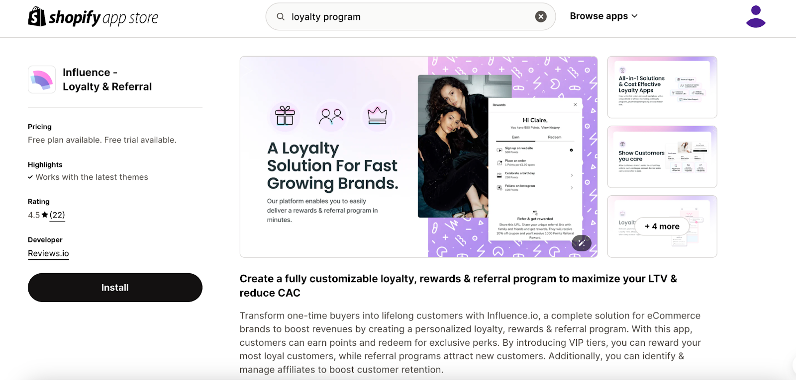 Influence.io - A loyalty program app from Shopify App Store
