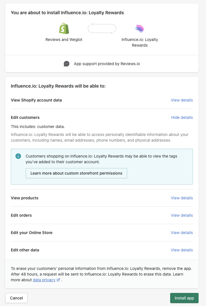 Install Influence.io - a loyalty program app on Shopify App Store