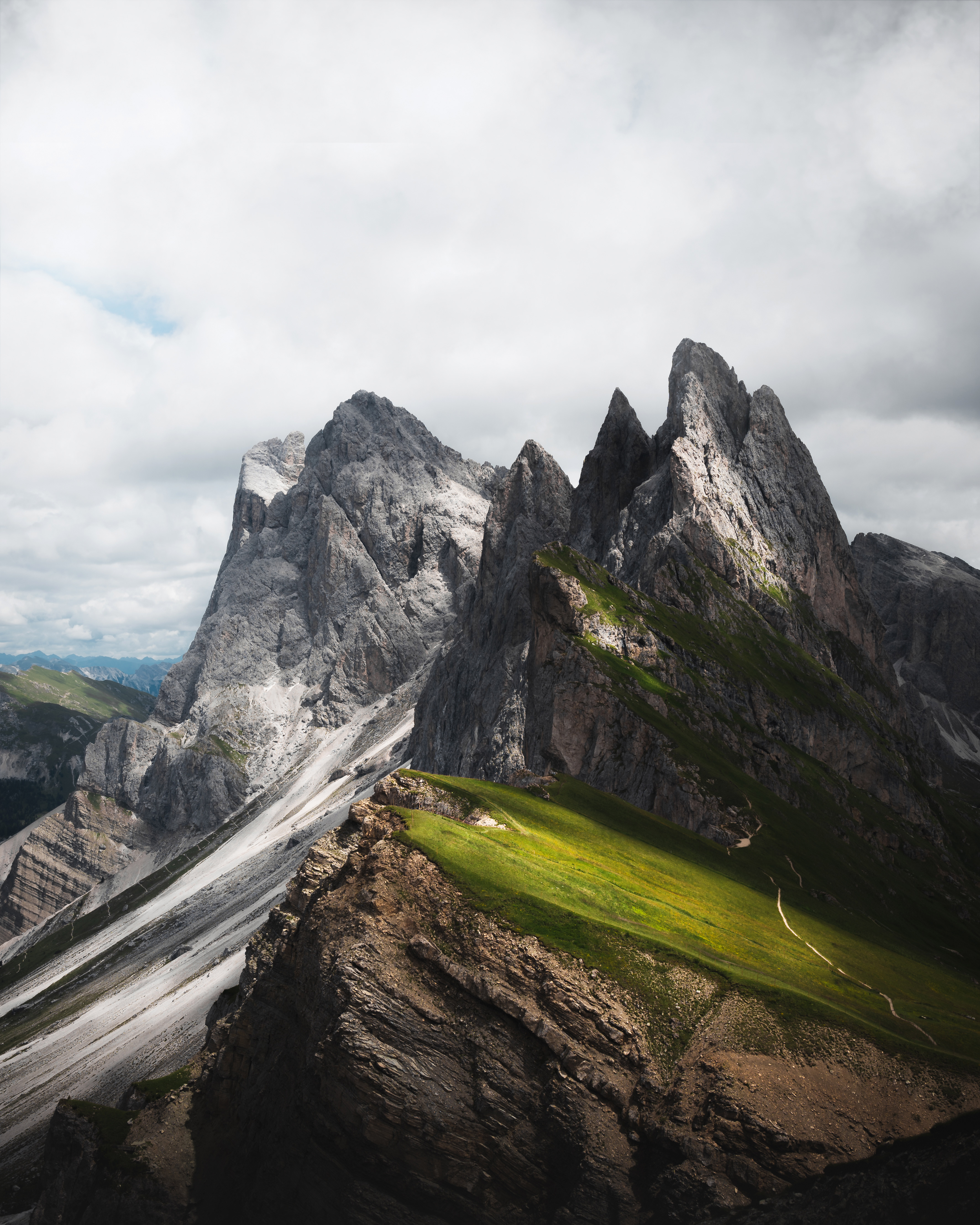 Photo of a series of sharp mountains layering over each other 