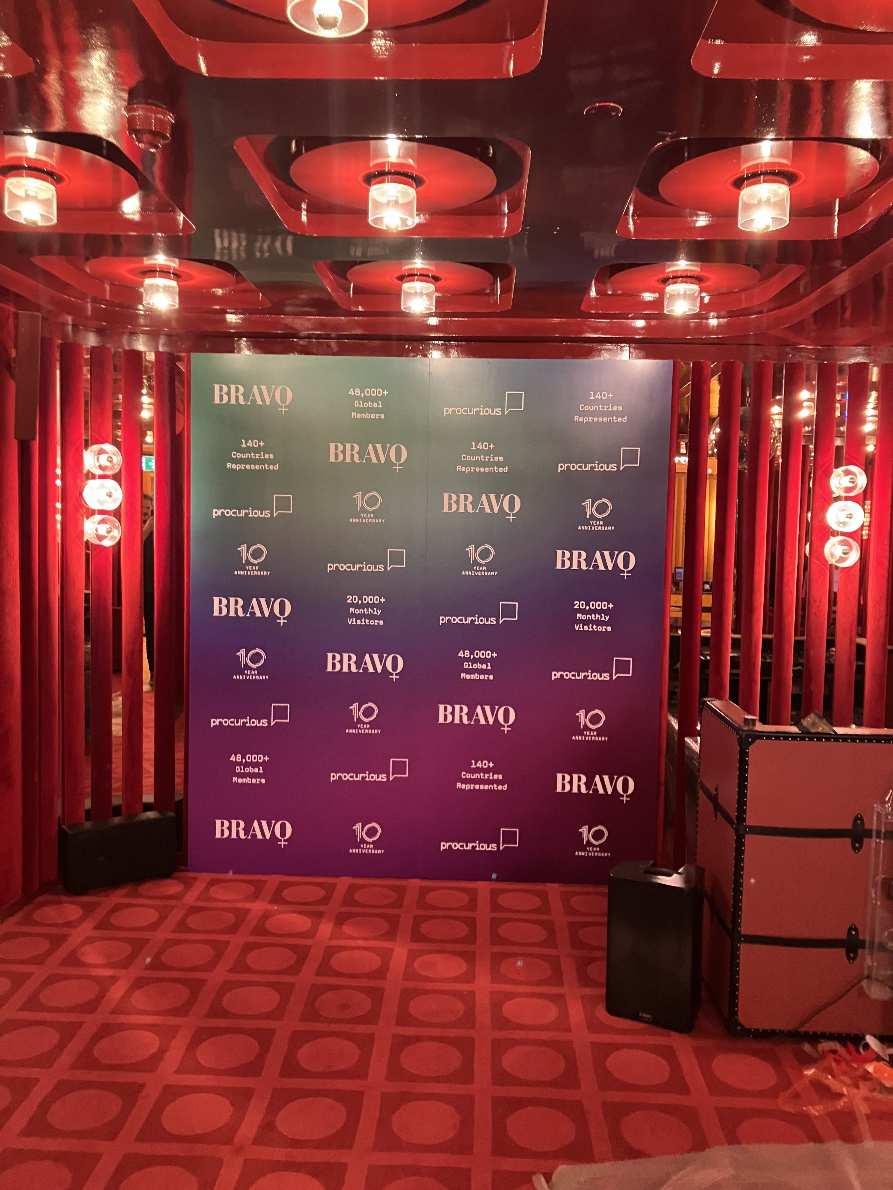 A photo of a custom step and repeat media board made to fit into the window bay at the Langans Brasserie private bar