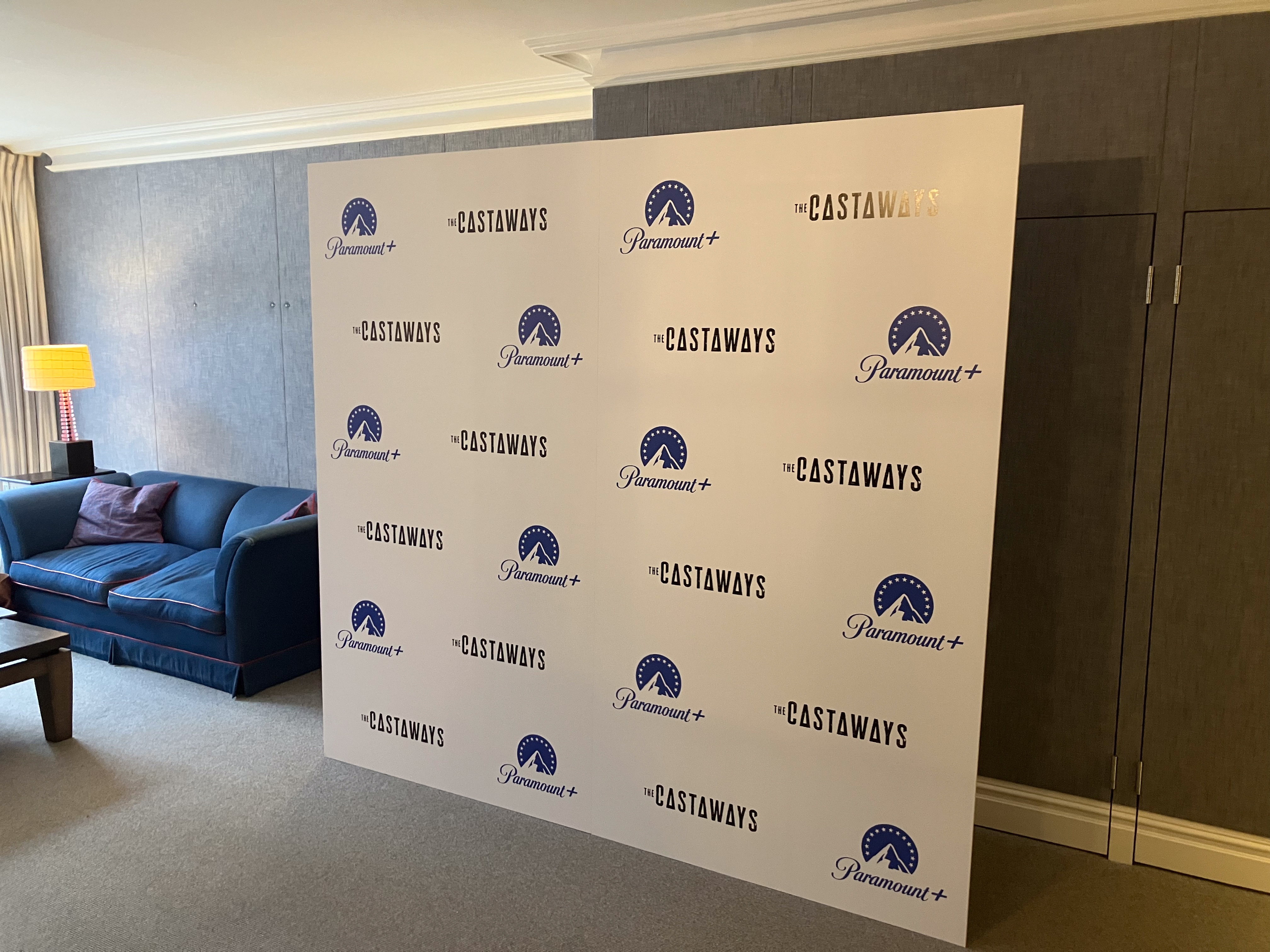 Step and repeat media boards in a hotel room ready for a press shoot