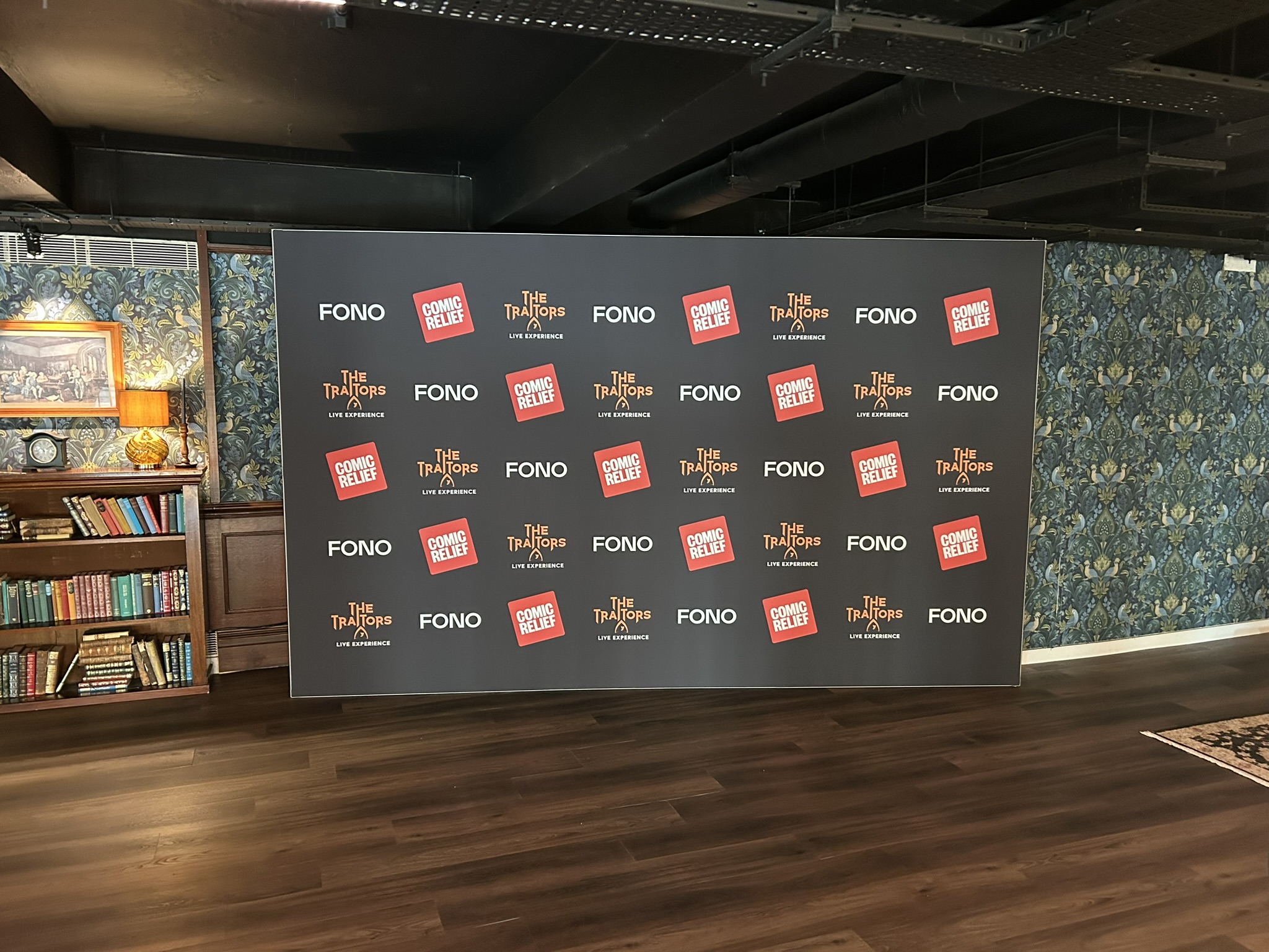 3.6 black step and repeat wall for the TV show the traitos at the traitors venue london. For Comic relief