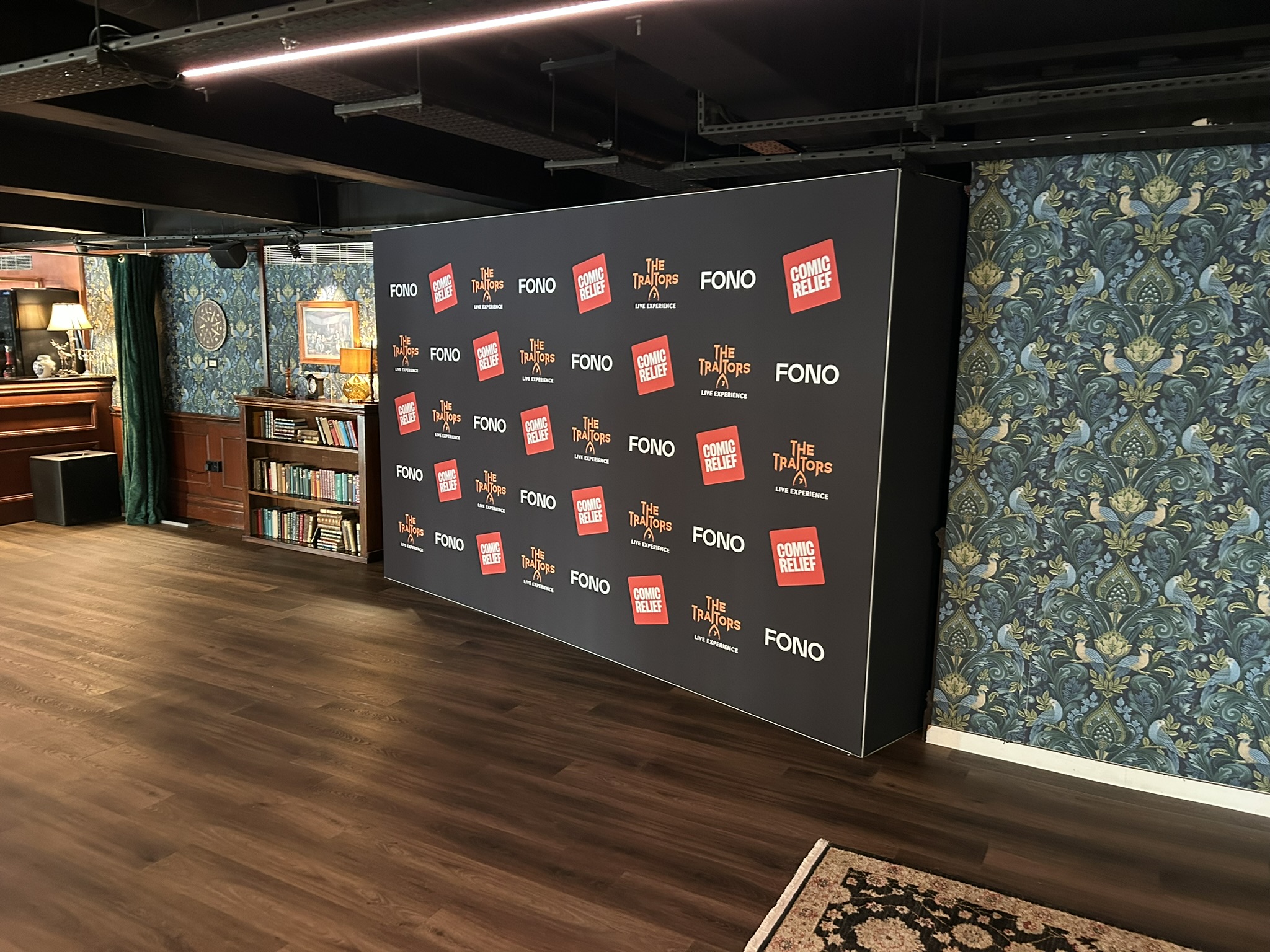 3.6 black step and repeat wall for the TV show the BBC traitos at the traitors venue london. For Comic relief