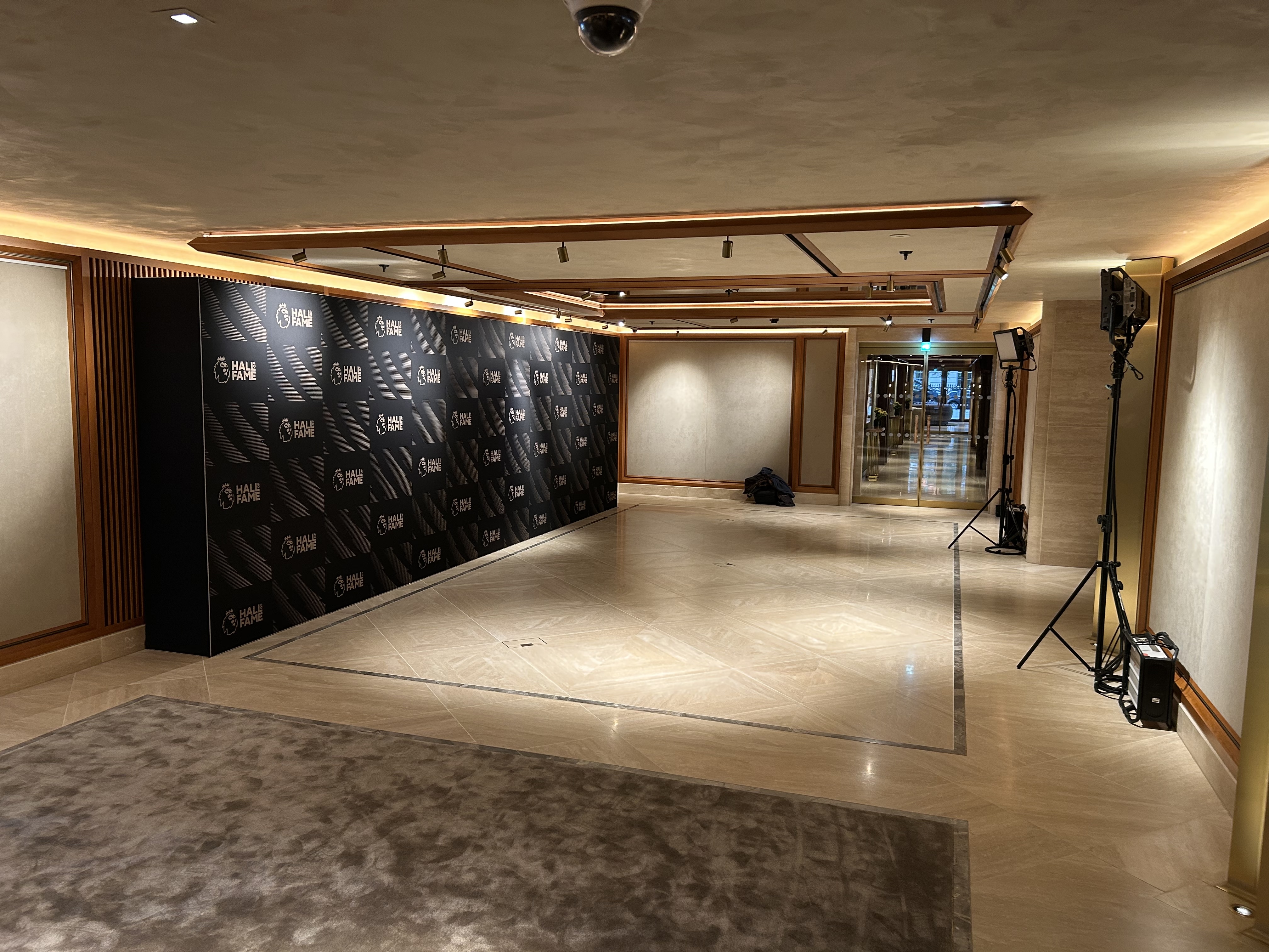Permier League hall of fame interview backdrop side angle at the The Chancery Rosewood mayfair with photo lights