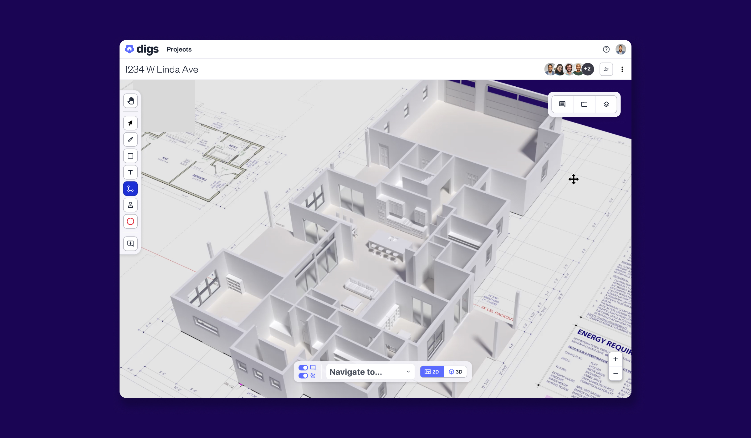 Screenshot of the Digs software dashboard for a project called "1234 W Linda Ave," showing a 3D digital twin of a home's interior layout next to its 2D floor plan, with editing tools on the left sidebar.