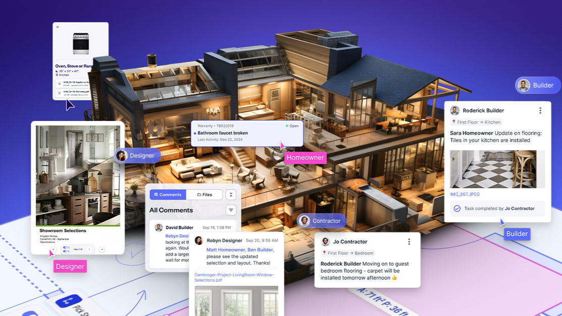Digital twin of a home, in the Digs platform, with construction plans, comments, warranty tickets, selections, and project updates connected in one collaborative platform for builders, contractors, designers, and homeowners.