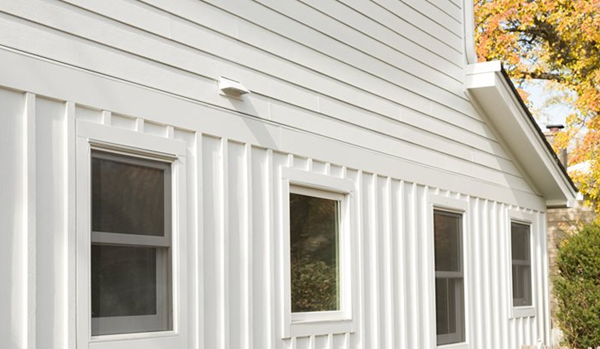White board-and-batten and lap siding combination on a home exterior
