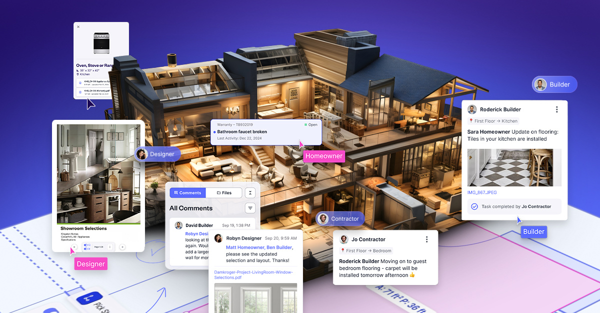 Illustration of a house cutaway showing builder, designer, contractor, and homeowner collaborating through comment threads, file sharing, and task updates on a construction platform.