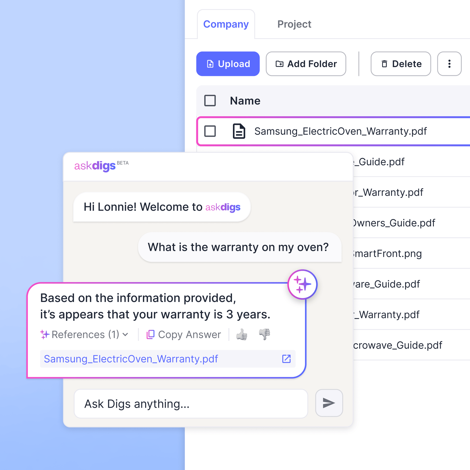 Screenshot of the AskDigs AI assistant answering a homeowner's warranty question, with a document library showing appliance manuals and warranty PDFs in the background.