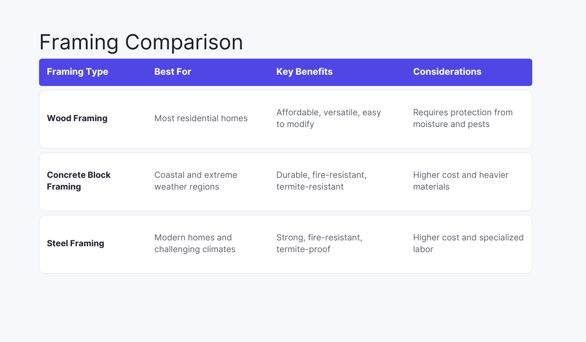 Table comparing three home framing types. Wood framing suits most residential homes, is affordable and versatile but needs moisture and pest protection. Concrete block framing suits coastal and extreme weather regions, is durable and fire-resistant but costs more and uses heavier materials. Steel framing suits modern homes and challenging climates, is strong and termite-proof but costs more and requires specialized labor.