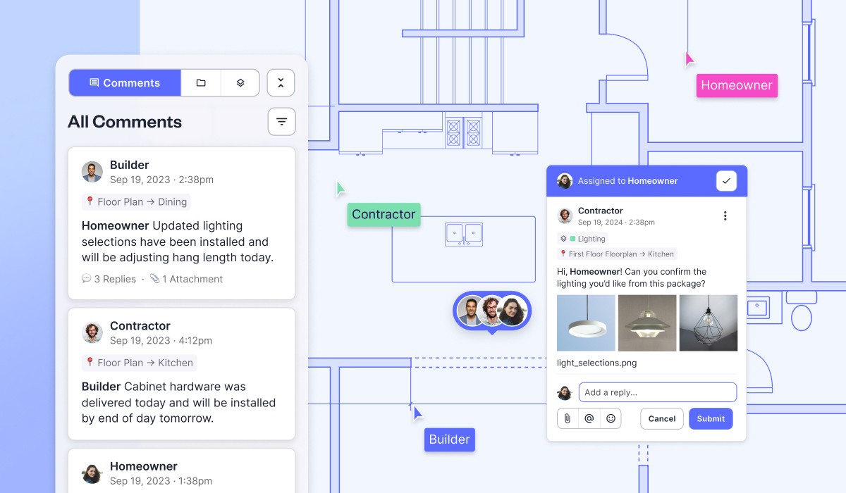 Digs platform interface showing a warranty comment thread on a floor plan, with a builder and contractor discussing lighting selections and cabinet hardware, plus a comment box assigned to the homeowner for confirming a lighting package.