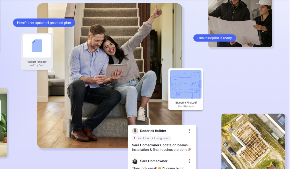 Collage showing a homeowner couple celebrating on their stairs while reviewing a tablet, alongside images of a final blueprint, two builders reviewing plans on site, and an aerial view of a home under construction.