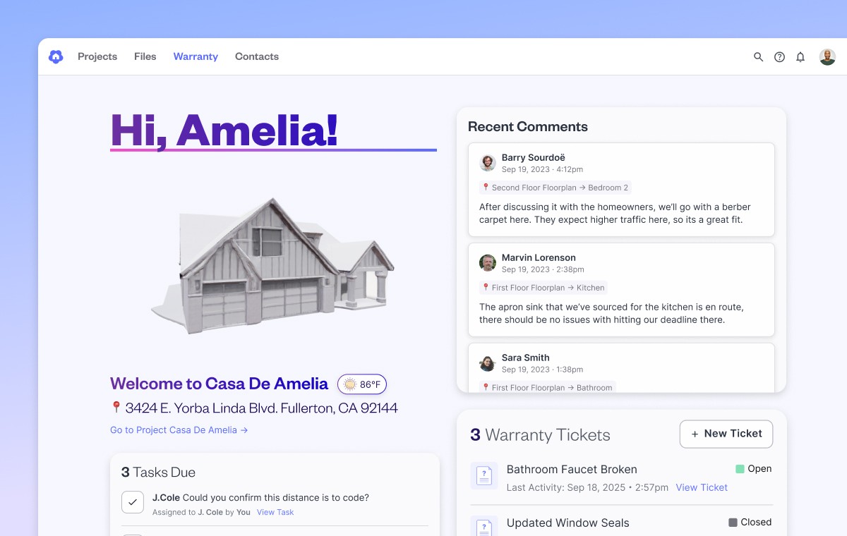 Digs project dashboard welcoming homeowner Amelia to her home project, showing a 3D house render, recent team comments on flooring and kitchen selections, tasks due, and three open warranty tickets.