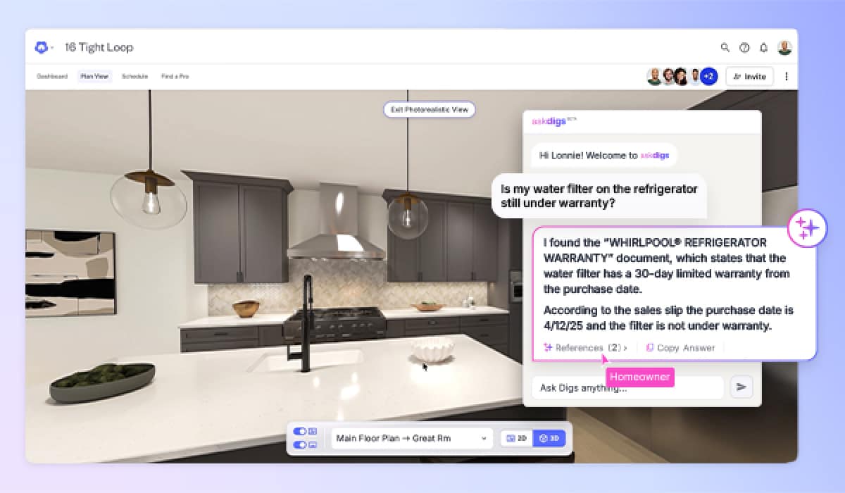 Digs "Plan View" interface showing a photorealistic kitchen rendering with an AskDigs chat panel where a homeowner asks about refrigerator water filter warranty status and receives an answer with warranty details and a reference link.