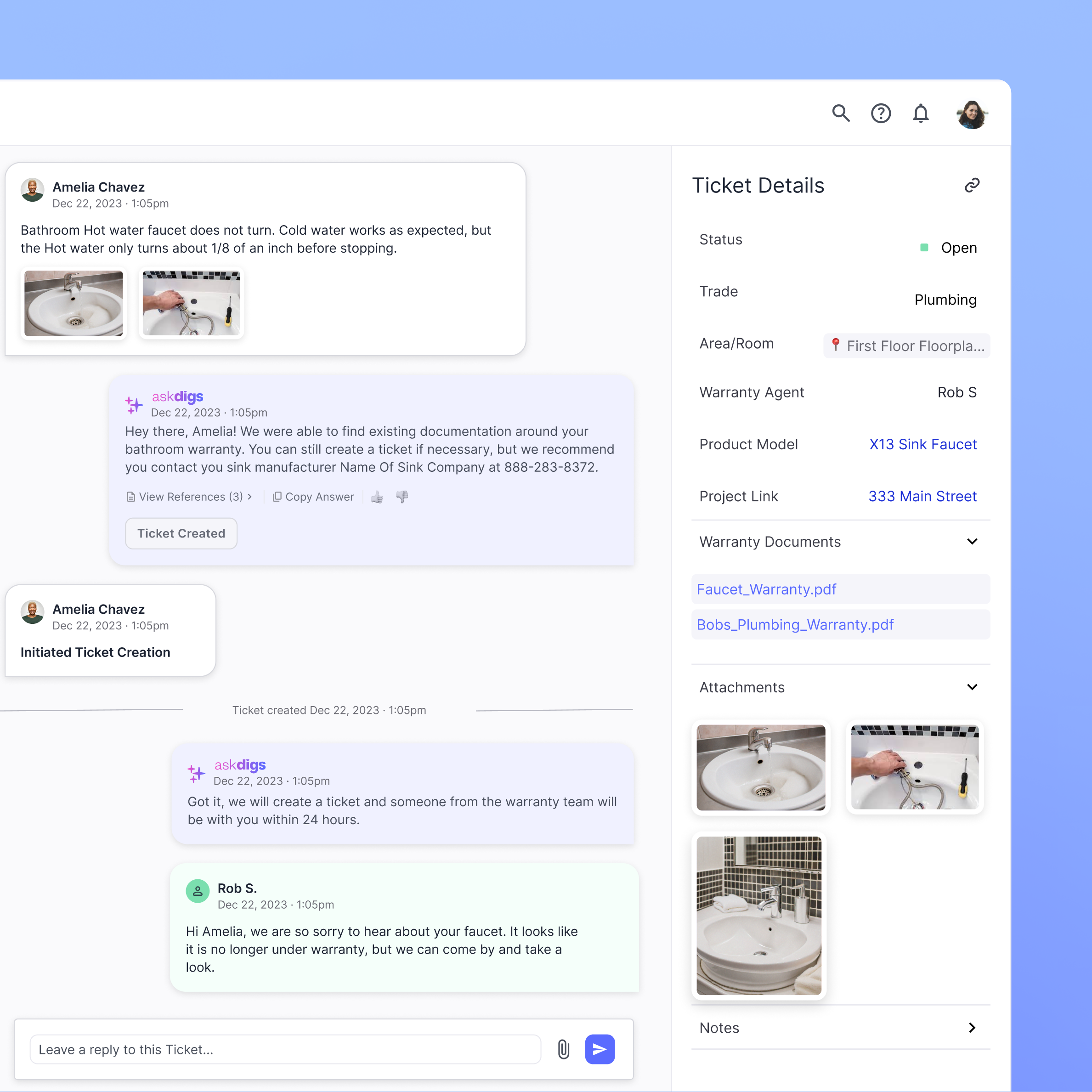 Expanded warranty ticket view showing an AskDigs AI response referencing warranty documents, a homeowner's photos of a faucet issue, an agent's reply, and a Ticket Details panel with trade, warranty agent, product model, and linked warranty documents.