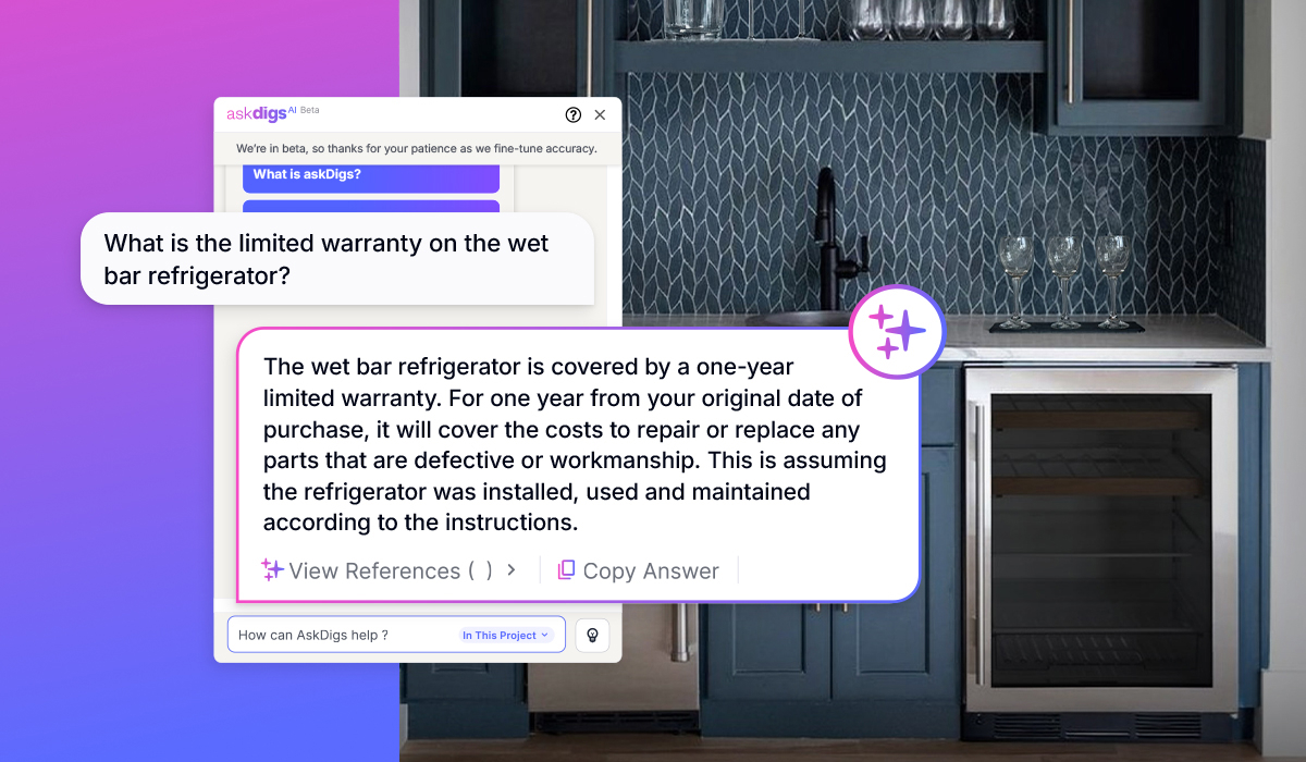 Screenshot of the "askDigs AI" chat assistant over a photo of a wet bar with a wine fridge, showing a homeowner asking about the refrigerator's warranty and receiving an AI-generated answer with a one-year coverage explanation.