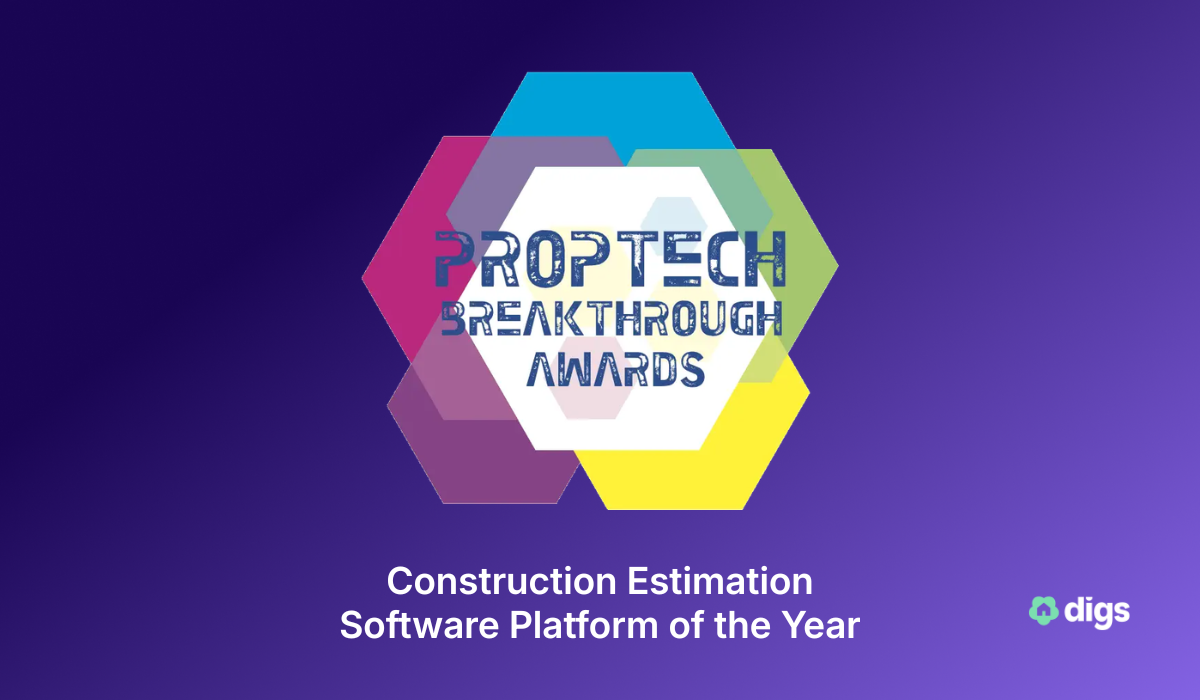 Purple gradient graphic featuring the "PropTech Breakthrough Awards" hexagon badge with the text "Construction Estimation Software Platform of the Year" and the Digs logo.