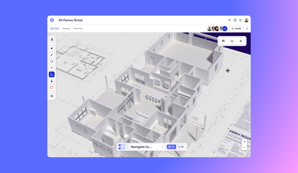 Digs Plan View for "84 Rainey Street" showing a 3D architectural model of a house's interior layout with editing tools on the left sidebar and a 2D/3D toggle and navigation dropdown at the bottom.