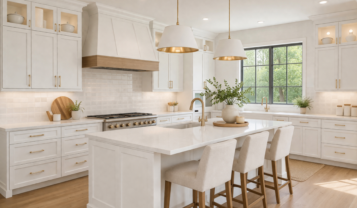 Classic white kitchen with brass hardware, white subway tile backsplash, and a large island with upholstered counter stools