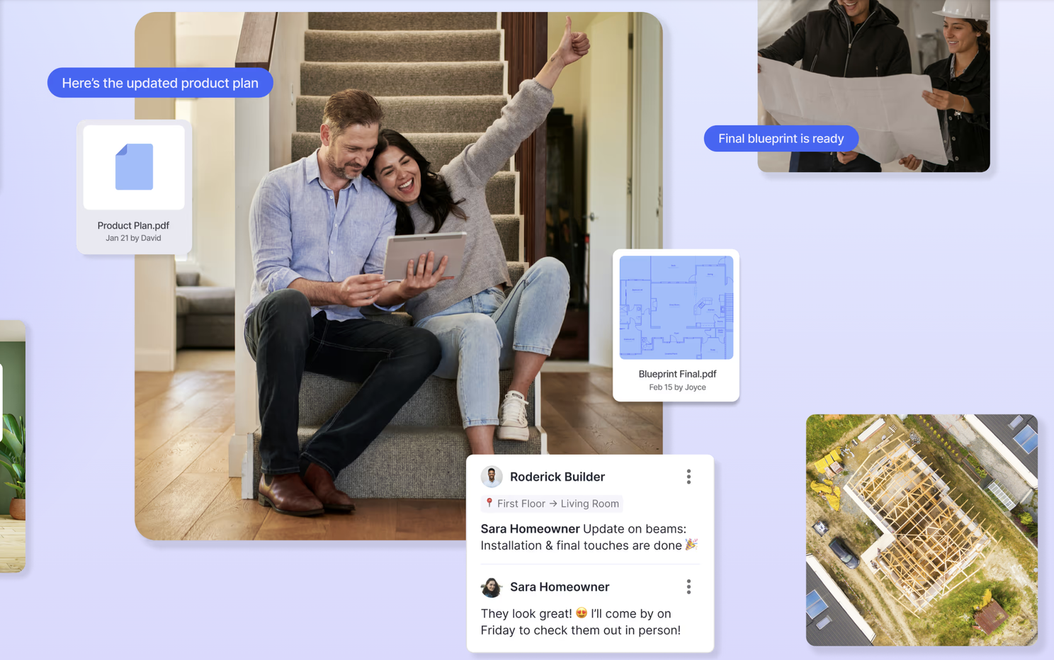 A collage of Digs app moments: a couple sitting on stairs looking at a tablet together with a shared Product Plan PDF, two people in hard hats reviewing a final blueprint on a job site, an aerial view of a home's wood framing under construction, and a comment thread between a builder and homeowner about completed beam installation.