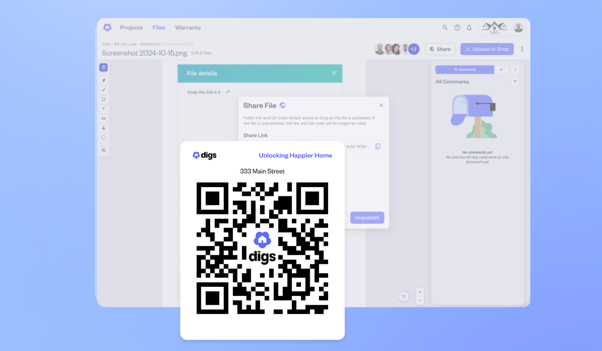 Digs Share File window with a scannable QR code card for 333 Main Street, showing how to share a project file with a QR code.