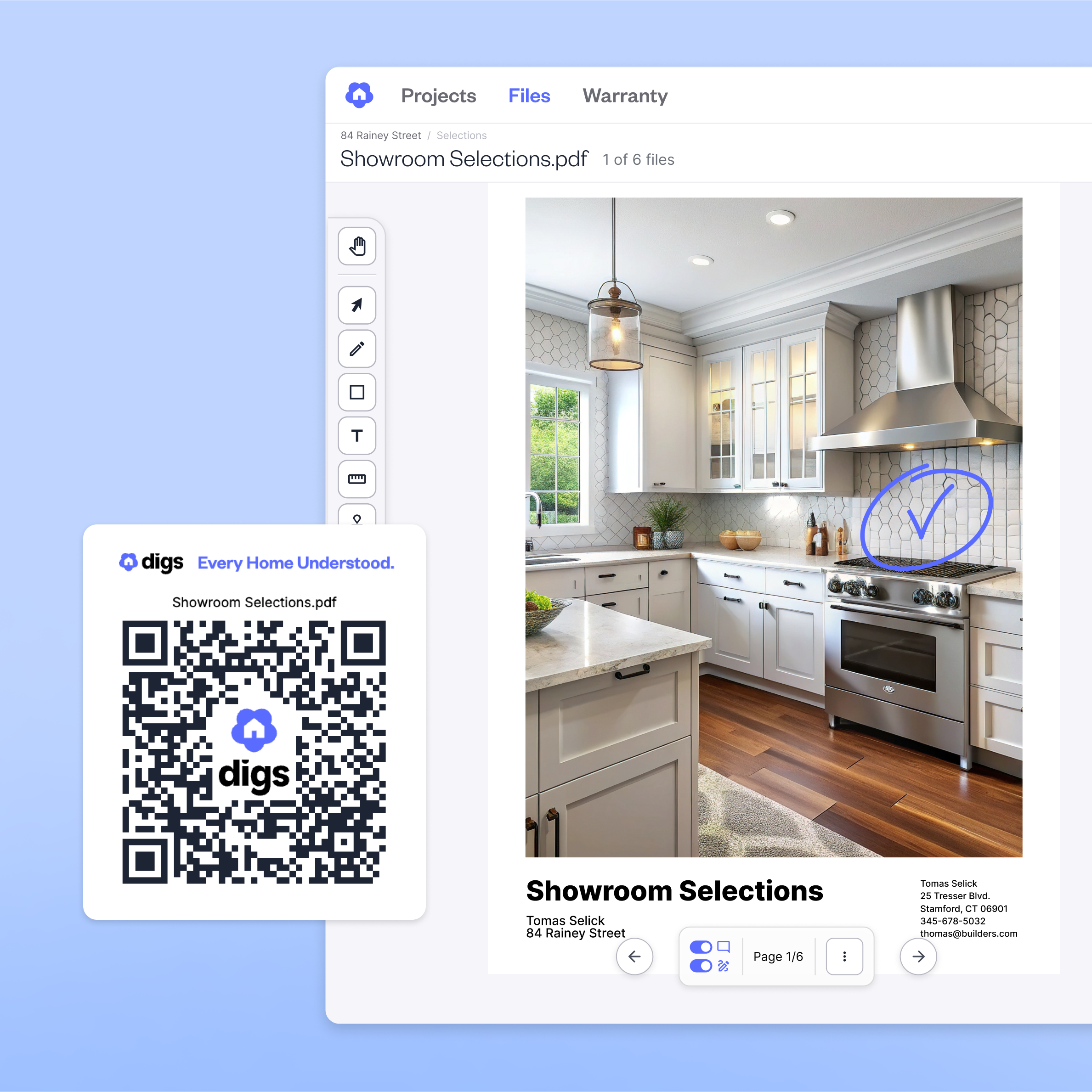 Digs QR code labeled Showroom Selections.pdf next to the open file, which shows a kitchen with a hand-drawn checkmark on the backsplash.