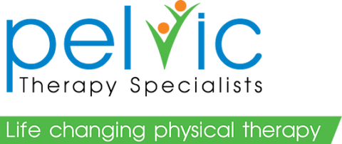 Pelvic Therapy Specialists logo with two orange dots and green checkmark figure, and tagline Life changing physical therapy on green banner.