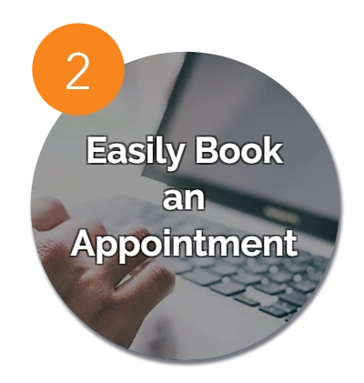 Hand typing on laptop keyboard with overlaid text 'Easily Book an Appointment' and an orange label marked with number 2.