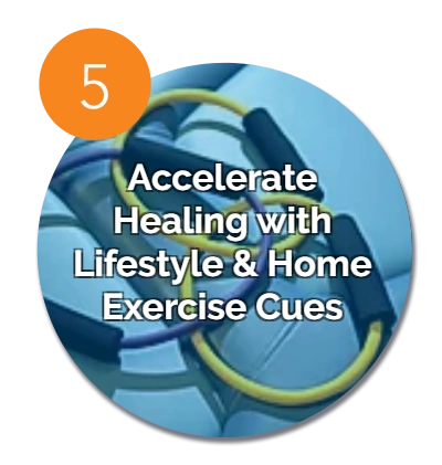 Yellow and purple exercise resistance bands on a blue mat with text 'Accelerate Healing with Lifestyle & Home Exercise Cues' and a numbered orange badge 5.