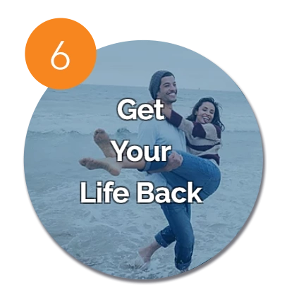 Man carrying smiling woman on beach with text 'Get Your Life Back' inside a blue circle and orange label with number 6.