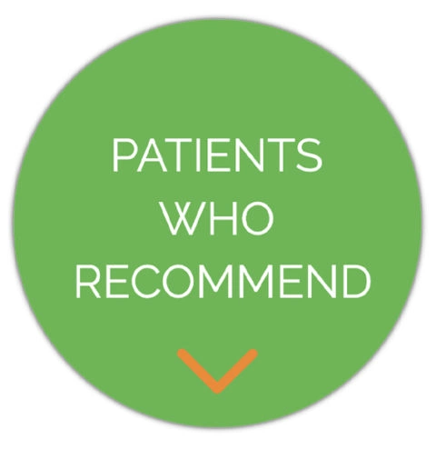 Green circular button with white text reading 'PATIENTS WHO RECOMMEND' and an orange downward arrow below the text.