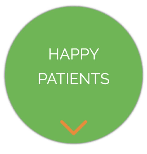 Green circular button with white text saying 'HAPPY PATIENTS' and an orange downward arrow below the text.