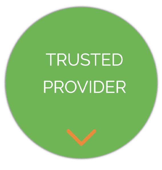 Green circular badge with white text saying 'TRUSTED PROVIDER' and an orange downward arrow beneath the text.