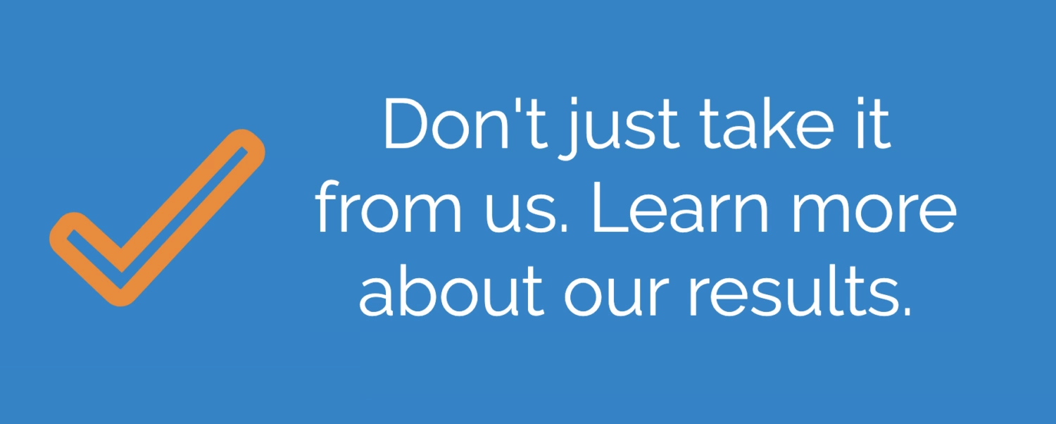 Orange checkmark icon beside text saying 'Don't just take it from us. Learn more about our results.' on a blue background.