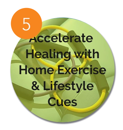 Number 5 badge with text 'Accelerate Healing with Home Exercise & Lifestyle Cues' over resistance bands background.