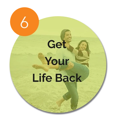 Young man carrying smiling woman on beach with text 'Get Your Life Back' and number 6 in an orange corner.
