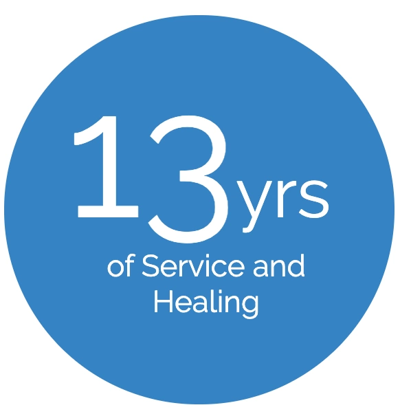 Blue circle with white text reading '13 yrs of Service and Healing'.