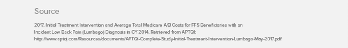 Text citation of a 2017 study on initial treatment intervention and Medicare costs for low back pain from APTQI with a URL link.