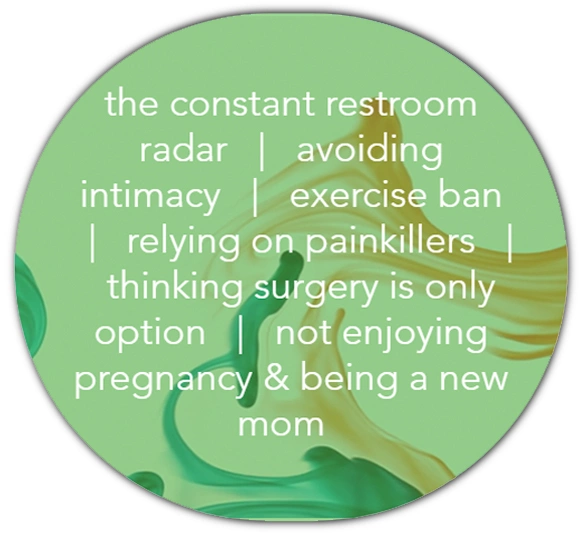 Green circle with text listing issues: constant restroom radar, avoiding intimacy, exercise ban, relying on painkillers, thinking surgery is only option, and not enjoying pregnancy and being a new mom.