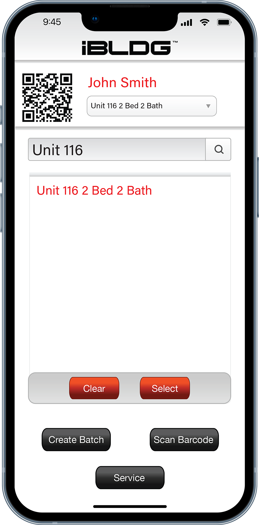 The iBLDG app displaying the asset search screen with the search field filled in for Unit 116, which is a 2 Bed 2 Bath unit.